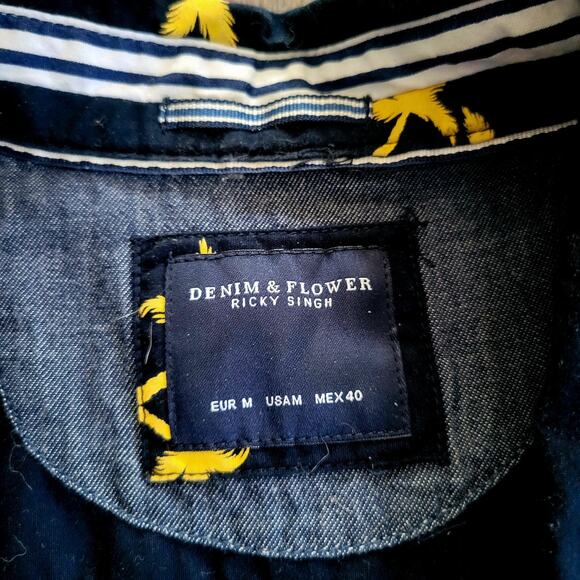 Denim & Flowers Men’s M Shirt – Navy Yellow Palm Tree Button Up, Short Sleeve - Picture 3 of 9